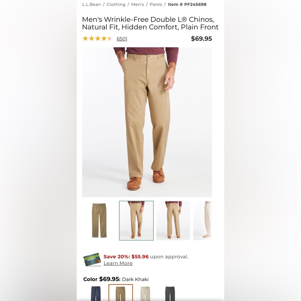 NWT LL Bean Men's Wrinkle-Free‎ Double L Chinos, Hidden Comfort 40x34